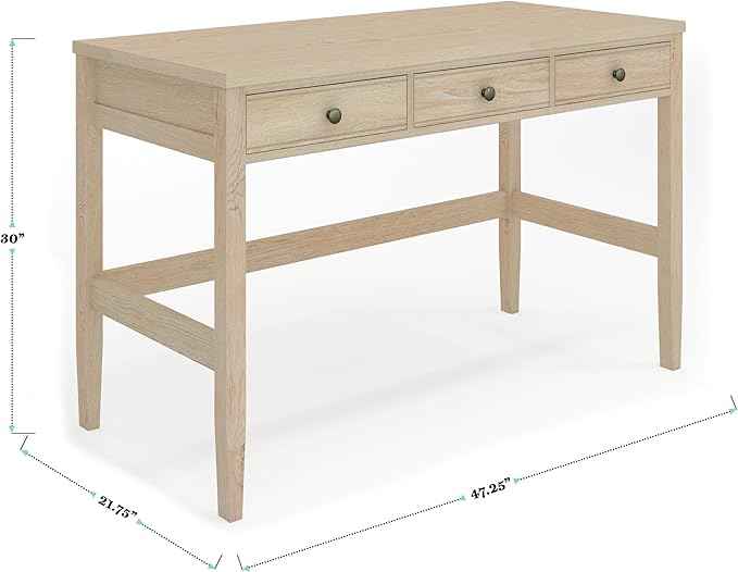 Martha Stewart Rhett Home Office Desk with 3 Drawers and Tapered Legs in Light Natural with Antique Bronze Hardware