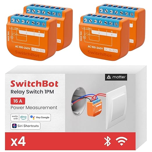 SwitchBot Matte Relay Switch 1PM, WiFi Switch Compatible with Alexa/Apple Home/Google Home, Power-Measuring Relay Switch Module with Integrated Bluetooth Repeater, Bluetooth & Wi-Fi 2.4 GHz, 16 A