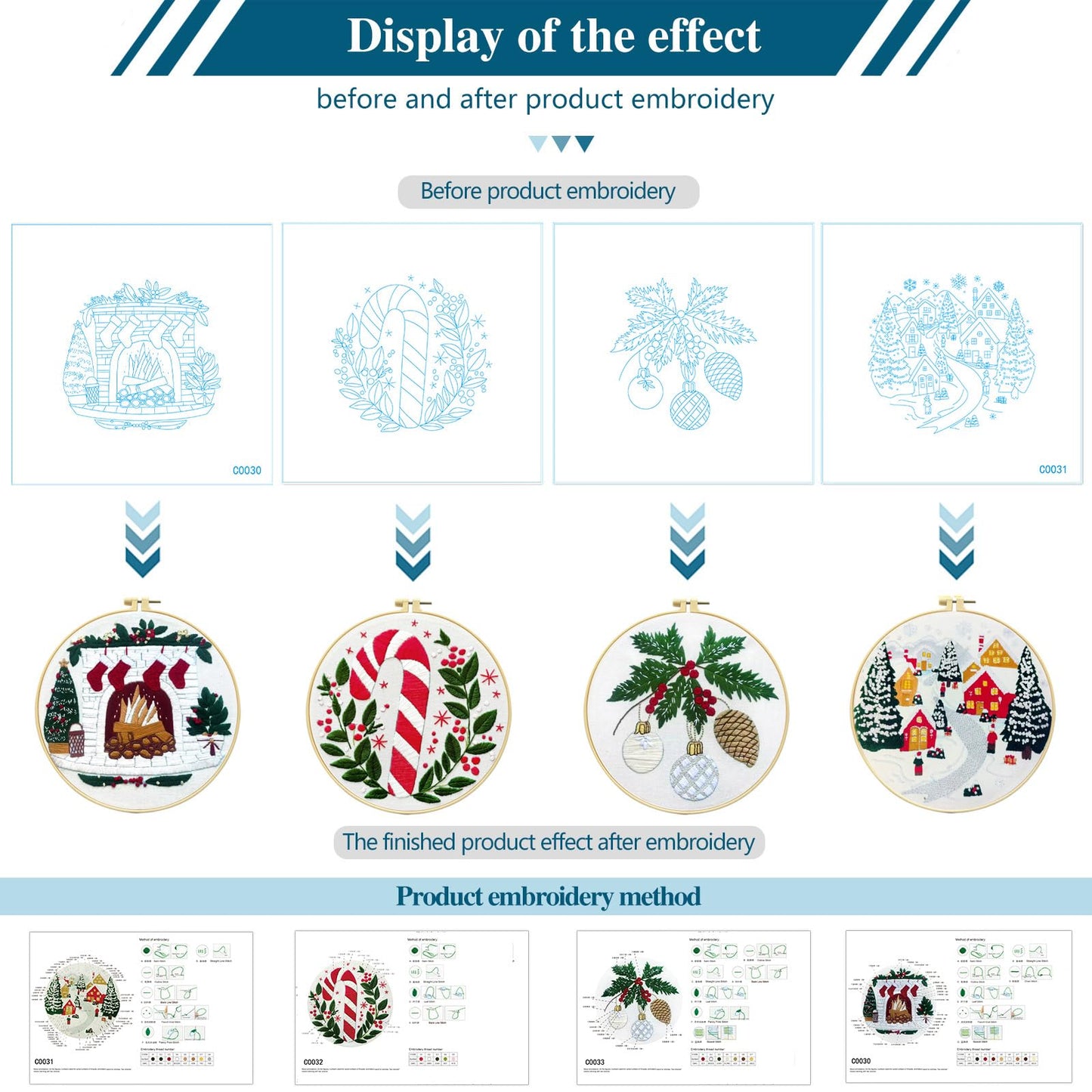 Zhenqing Christmas Embroidery Kit for Beginners - 4 Piece 29x29cm Round Designs with Embroidery Hoop, Threads & Tools (Snowy Cabin, Fireplace, Candy Cane, Holly)(C0066)