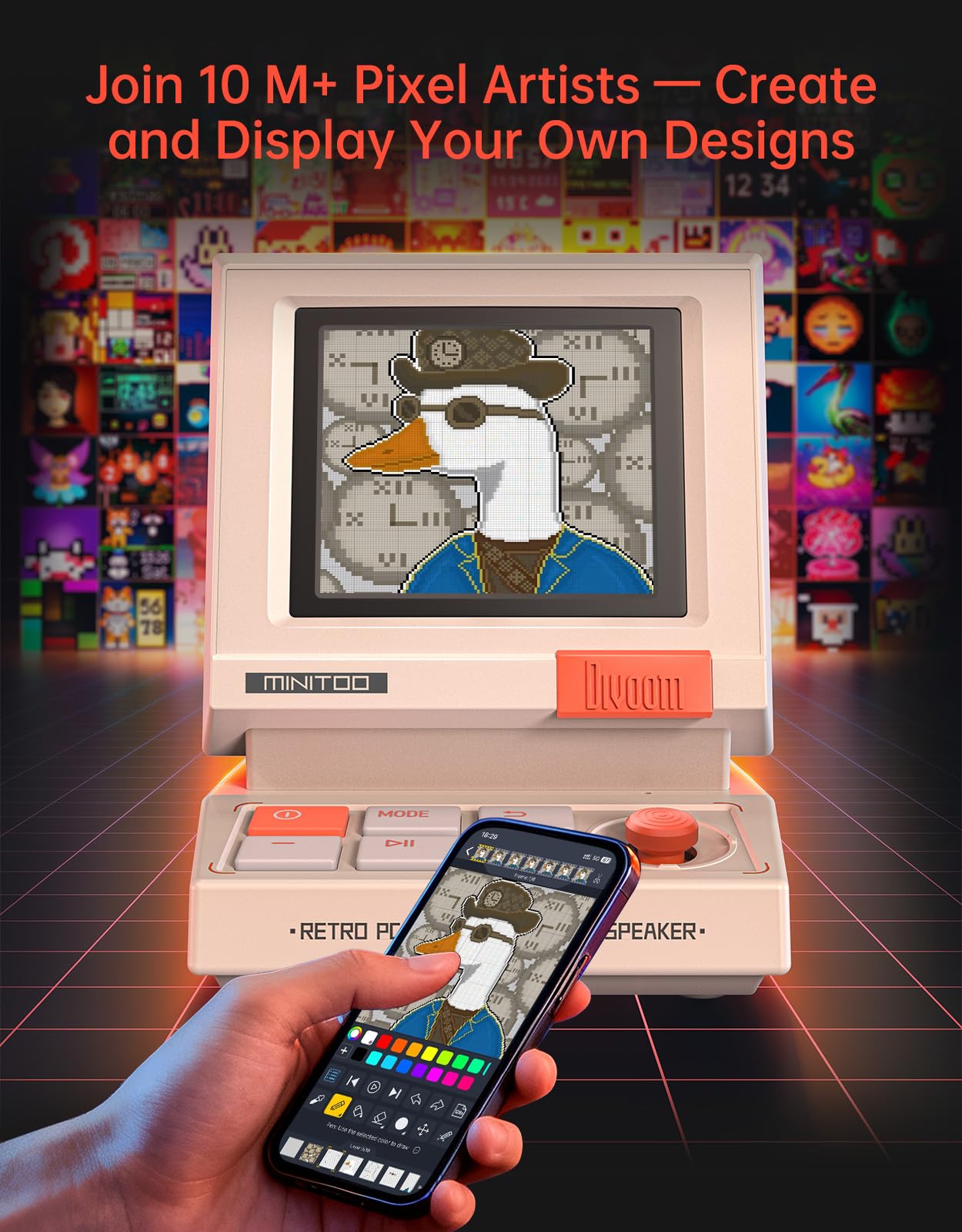 Divoom MiniToo Retro PC-Style Computer Speaker, Smart Pixel Screen with DIY Faces, Bluetooth & USB Audio, Alarm/White Noise Clock, Desk Setup Gift for Bedroom, Office & Gaming