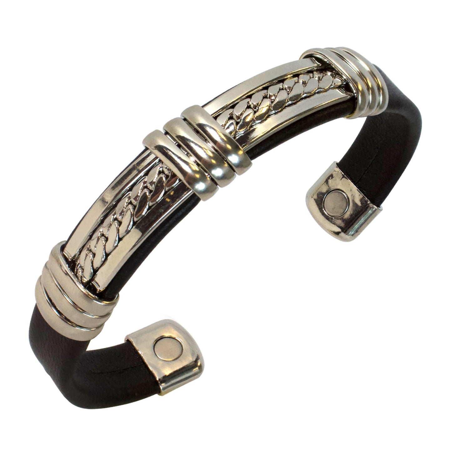 Chain Pattern Silver Leatherette Copper Magnetic Healing Bracelet - Motorcycle Bracelet for Men and Women - Adjustable Sizing