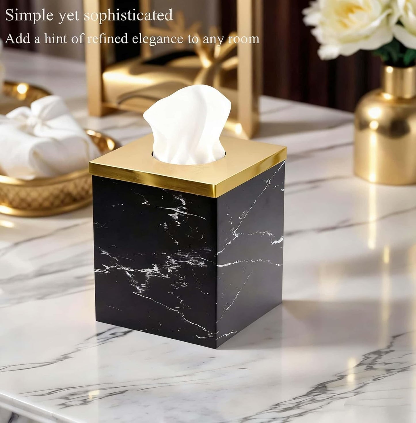 JWT Astyle Metal Facial Tissue Box Cover Holder and Dispenser.Decorative Tissue Box Covers Cube Dresser Accessories for Bathroom Livingroom Kitchen Office Desk.Black Marble Pattern Home Gifts
