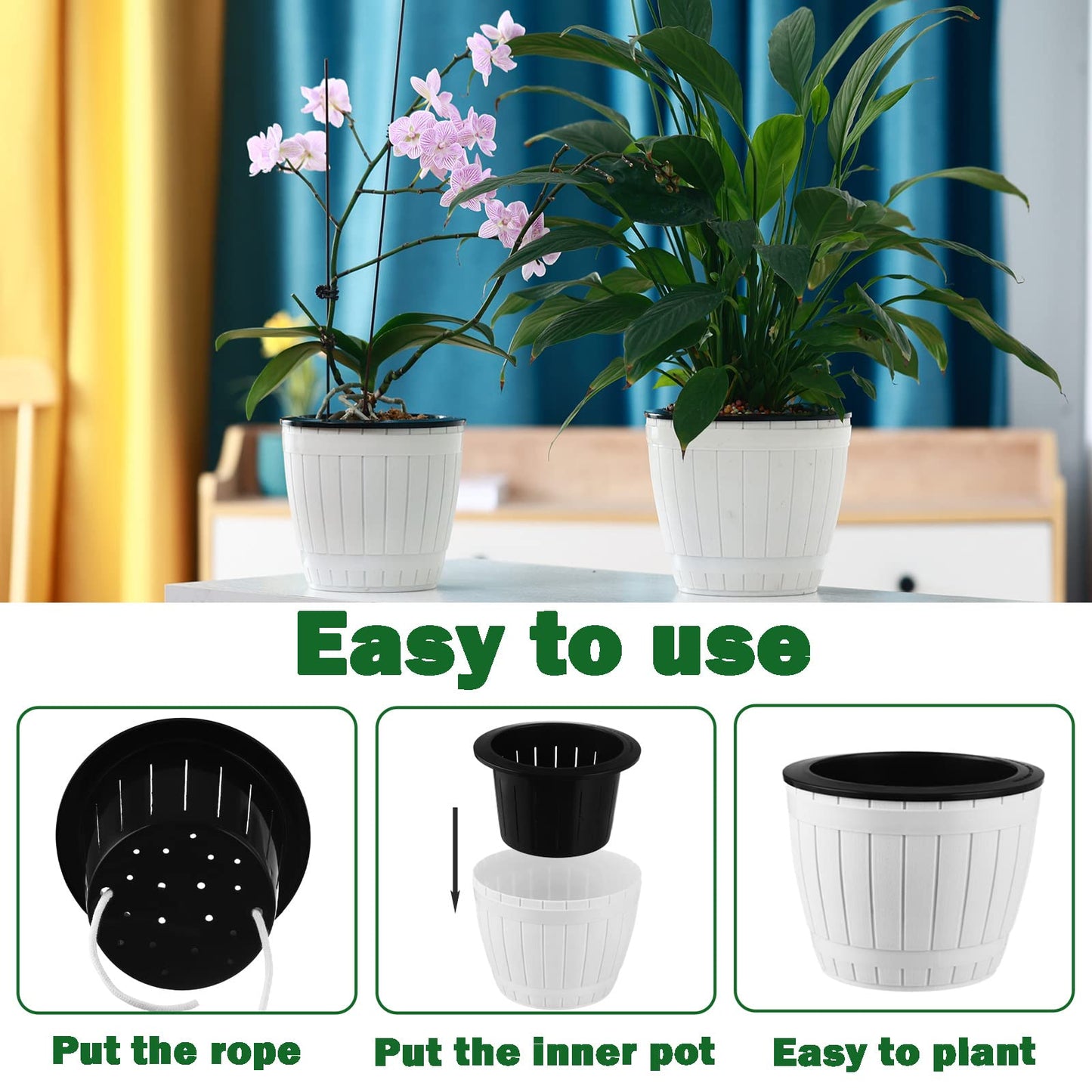 3 Packs 6.5 Inches Self Watering Pots for Indoor Plants Large Plastic African Violet Pots Home Flower Pot Planters for Devil's Ivy, Spider Plant, White