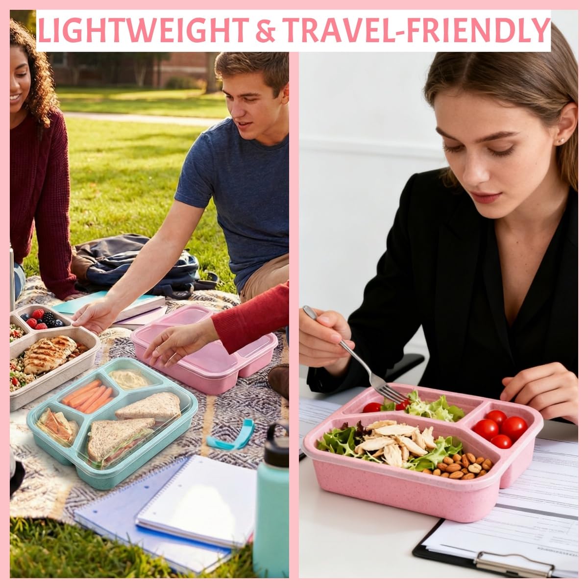 Bento Lunch Box 4-Compartment for Adults 4 Pack – Reusable Meal Prep & Snack Containers with Clear Lids, Stackable Food Storage Boxes Wheat Straw, lightweight for Work, Travel