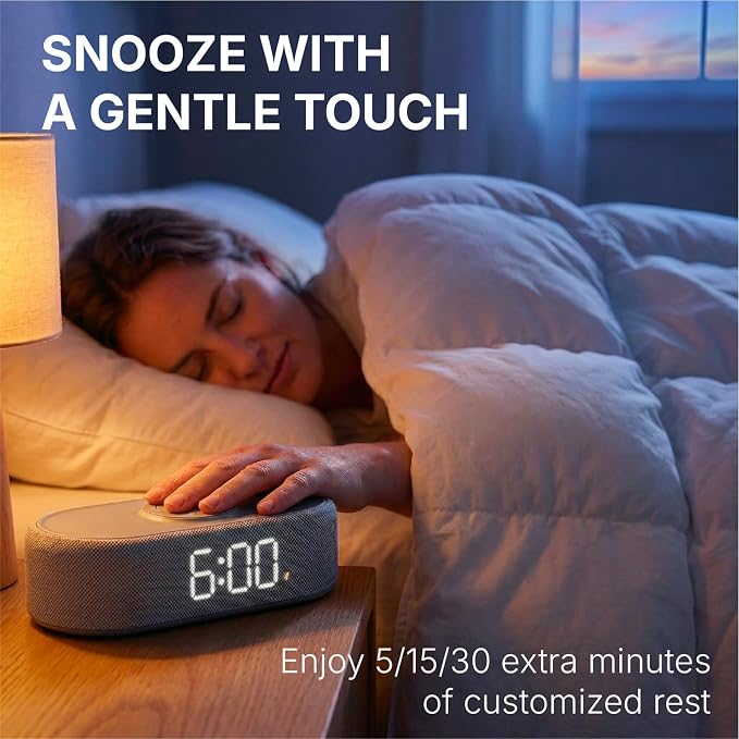 Fabric Digital Alarm Clock for Bedroom, Wireless Charging, Grey