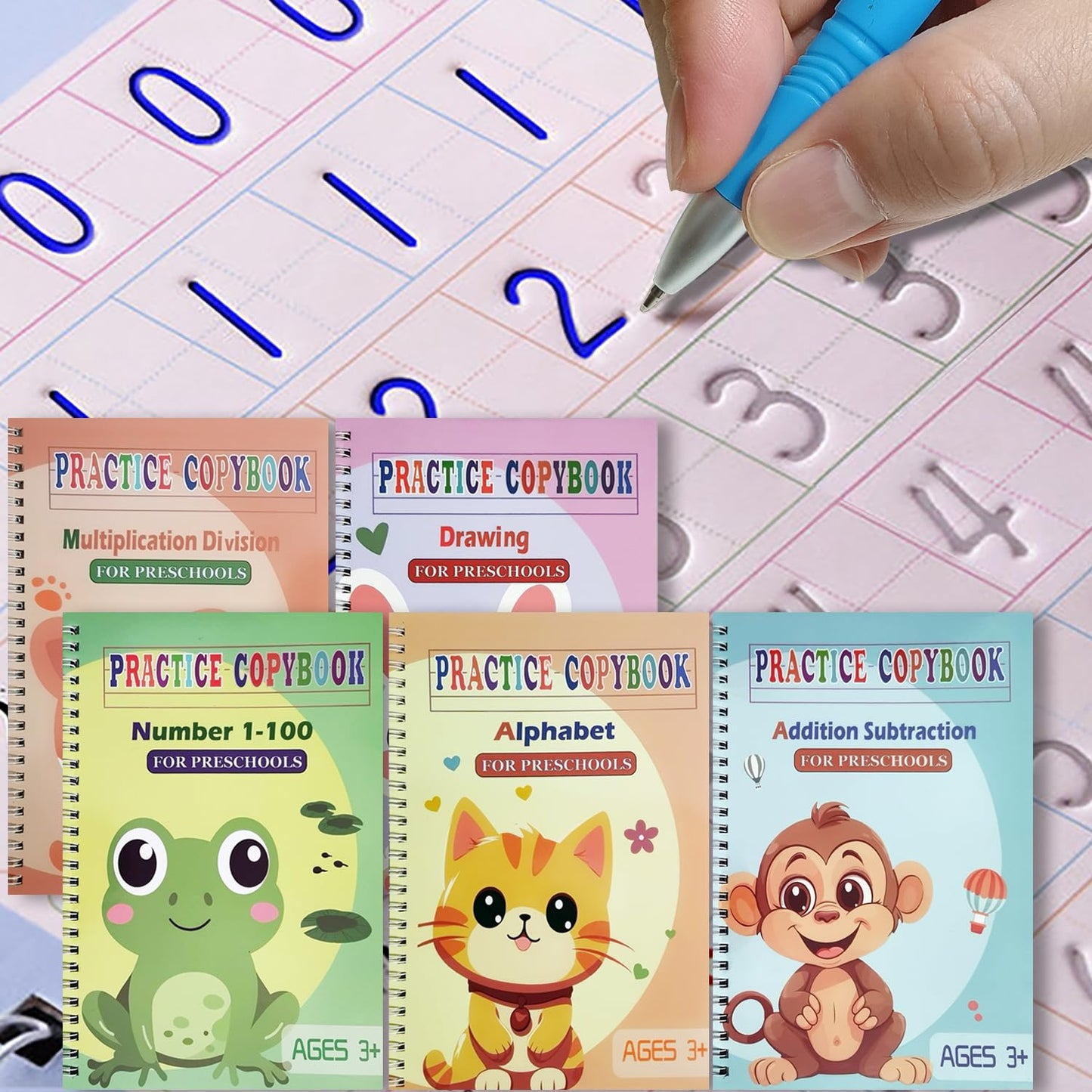 Magic Grooved Practice Copybook 5 Pack with Pens, Groove Reusable Magical Handwriting Workbooks, Tracing Letters Numbers, Math, Kindergarten Sight Words for Kids Ages 3-8 for Preschool(5books+Pens）