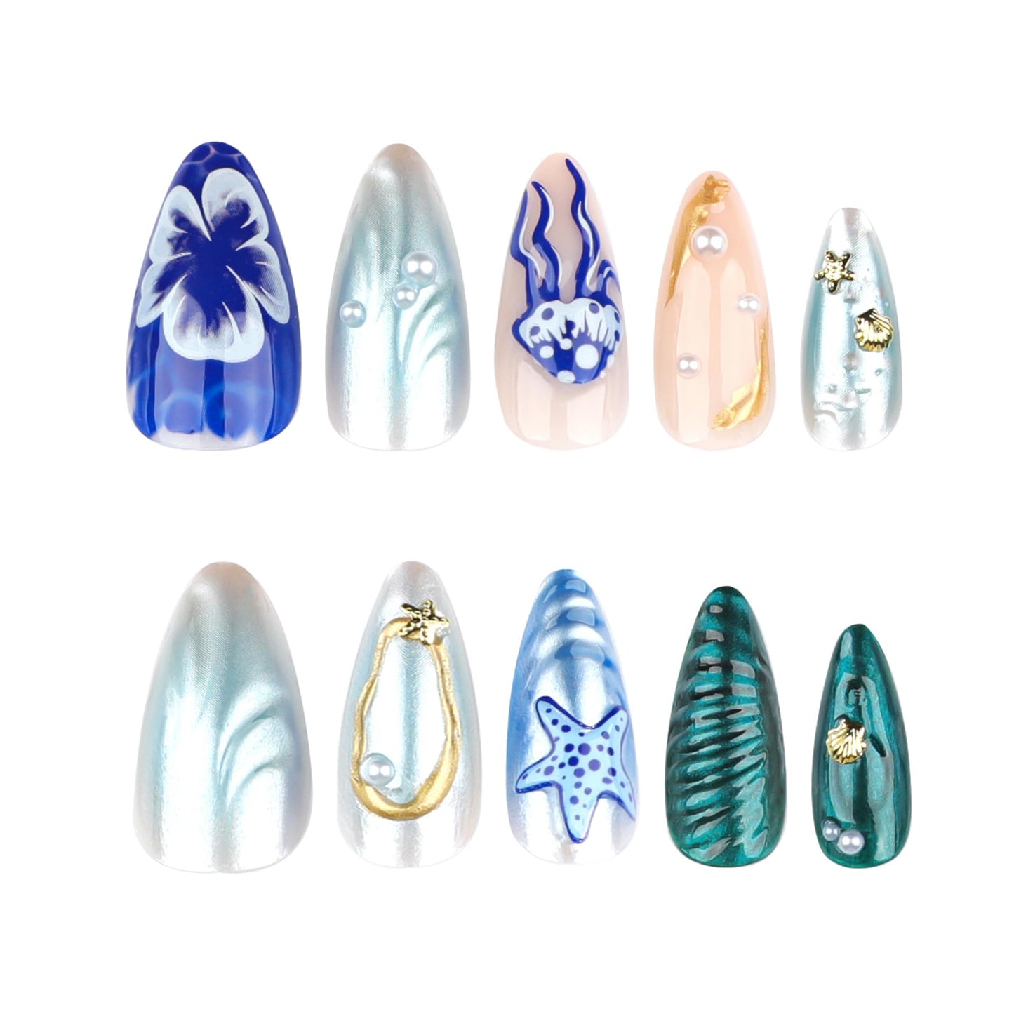 Summer Beach Press on Nails Medium Almond Fake Nails 3D Ocean Waves Acrylic Nails Blue Jellyfish Starfish Artificial Nails Gold Star False Nails with Pearl Designs Glue on Nails for Women Girls 24Pcs