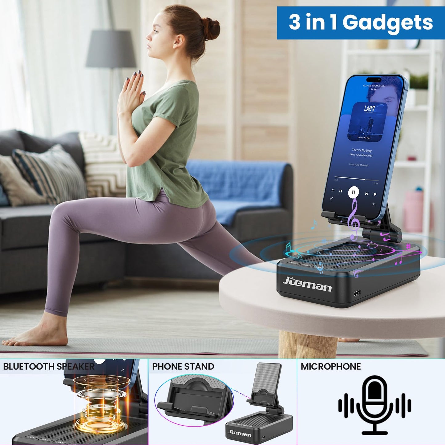 JTEMAN Cell Phone Stand with Bluetooth Speaker, HD Stereo Sound & Anti-Slip Base, Foldable Adjustable Desktop Phone Holder for Home Office, Cool Tech Gadgets Birthday Gifts for Men Women (Black)