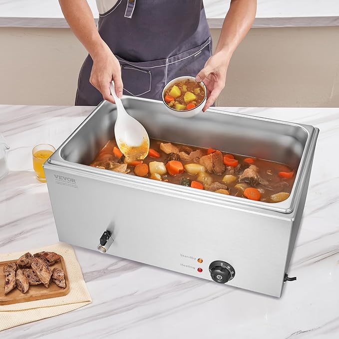 VEVOR Commercial Food Warmer, 1 Pan Electric Steam Table, 1200W Professional Countertop Stainless Steel Buffet Bain Marie with 86-185°F Temp Control for Catering and Restaurants, Silver