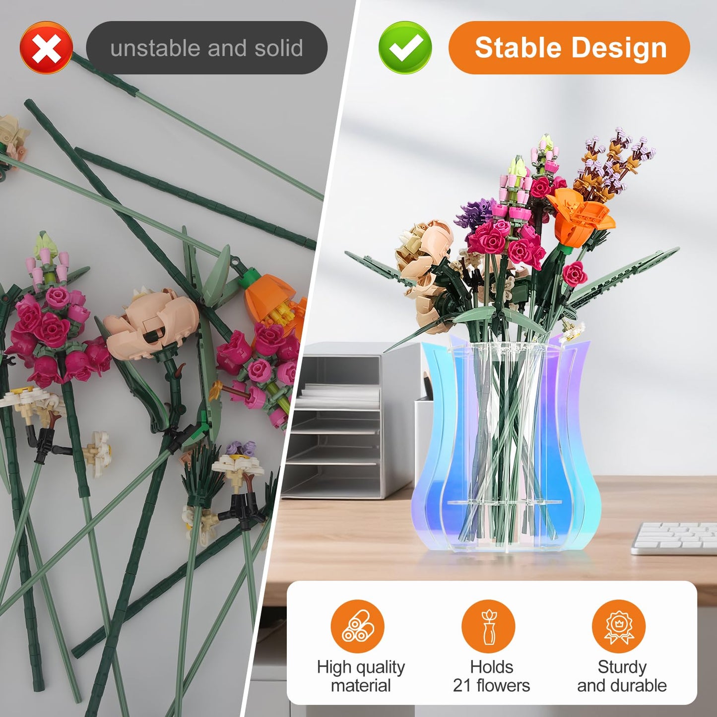 Acrylic Vase for LEGO Flowers - Sturdy Display Stand & Holder for LEGO Flower Bouquet Building Set, Botanical Collection, Roses & Orchids | 32-Stem Arrangement Design (Rainbow)