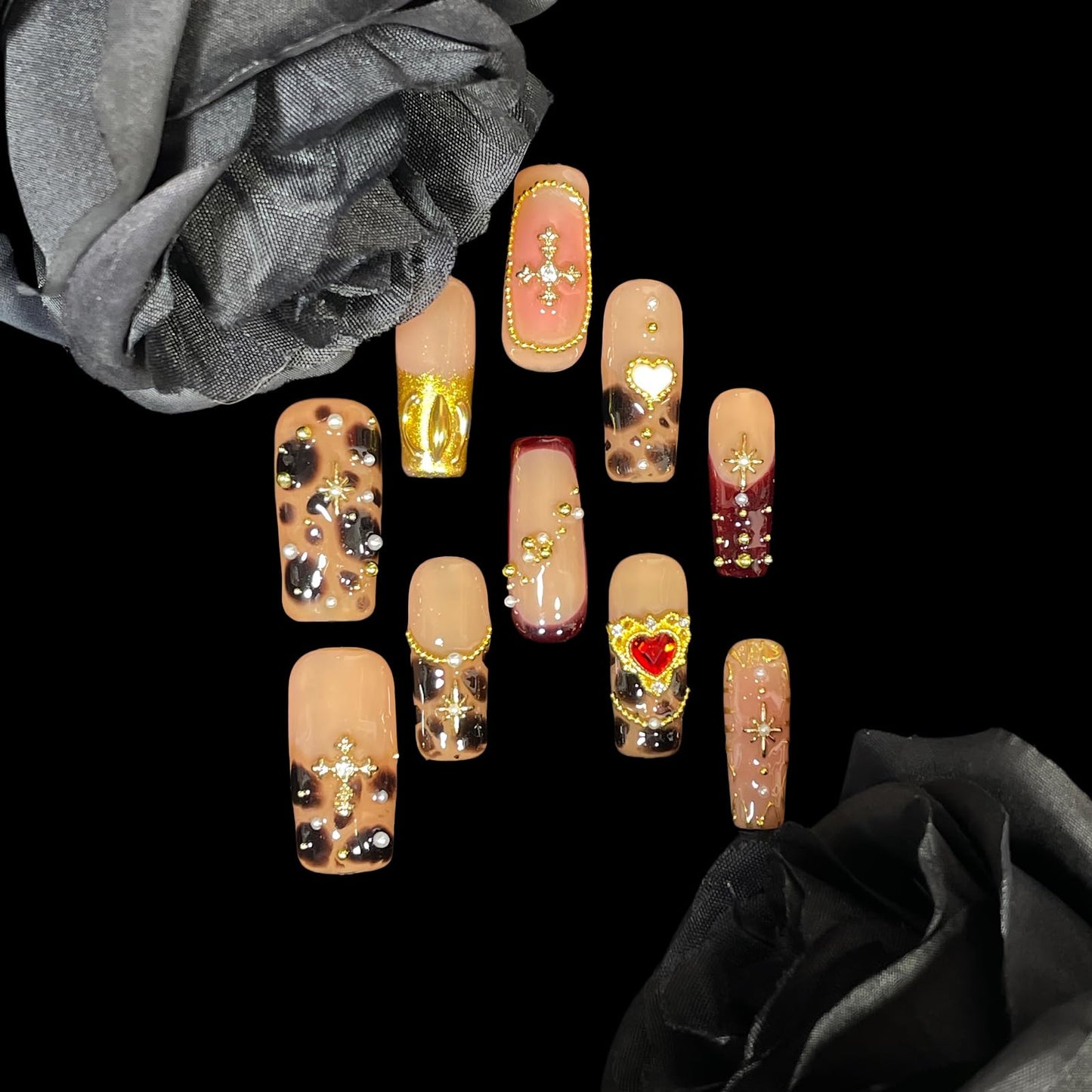 Handmade Press on Nails with Diamond & Gold Cross Chain - Amber Print Medium Long Square False Nails, Reusable Acrylic Luxury Glam Nail Art (Amber, S)