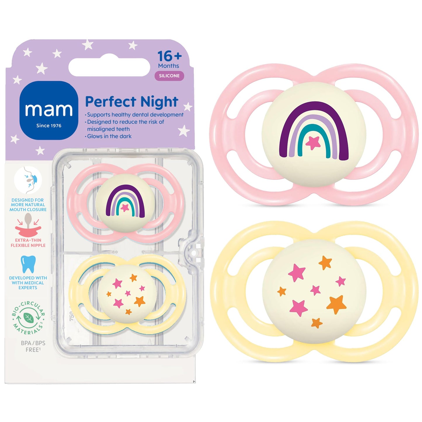 MAM Perfect Baby Pacifier 16+ Months, Extra Thin Nipple, Developed with Orthodontists, Clinically Proven, Glows in The Dark, BPA-Free Silicone, Pack of 2, Made in Europe