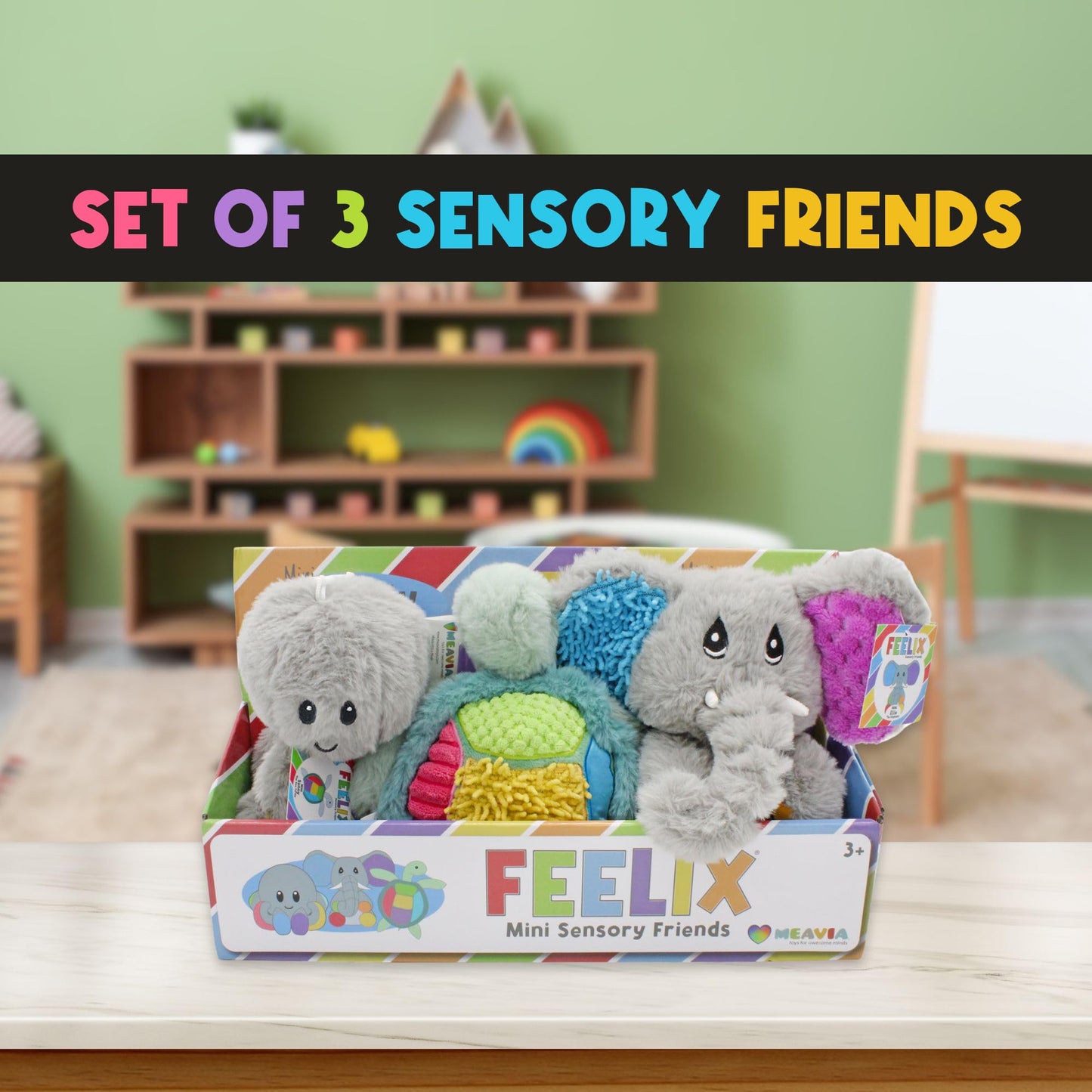 MEAVIA Sensory Plush Gift Set (Set of 3); Mini Friends, Octopus, Elephant, and Turtle Stuffed Toys