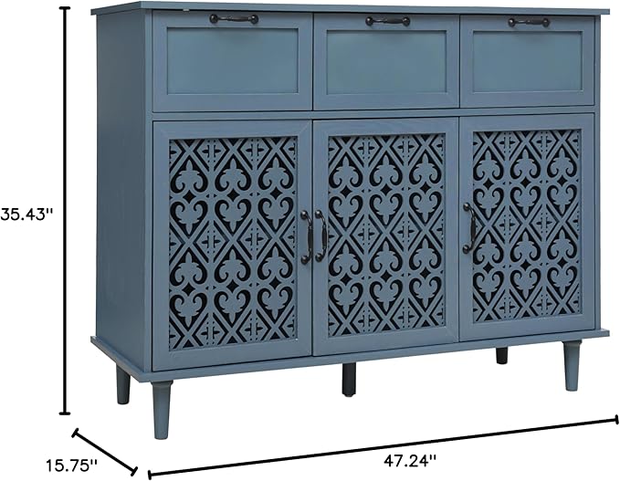 Sideboard Buffet Cabinet with Storage - Modern 3 Door 3 Drawer Farmhouse Wood Credenza for Living Room, Dining Room (Blue)