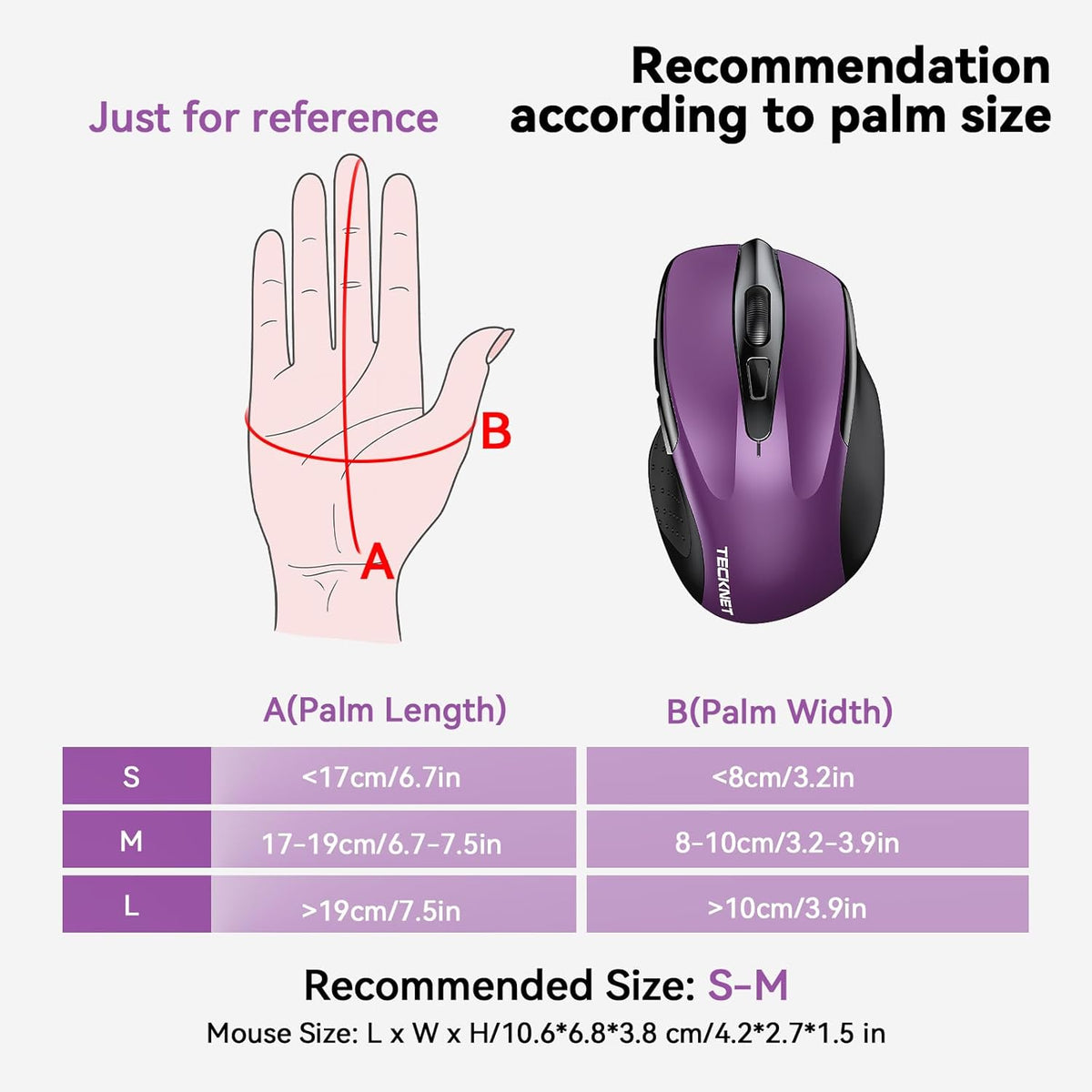 TECKNET Wireless Mouse (2.4G & BT5.0/3.0) Silent 4800 DPI Computer USB A & Bluetooth Mouse 6 Buttons, Wide Compatibility - Purple