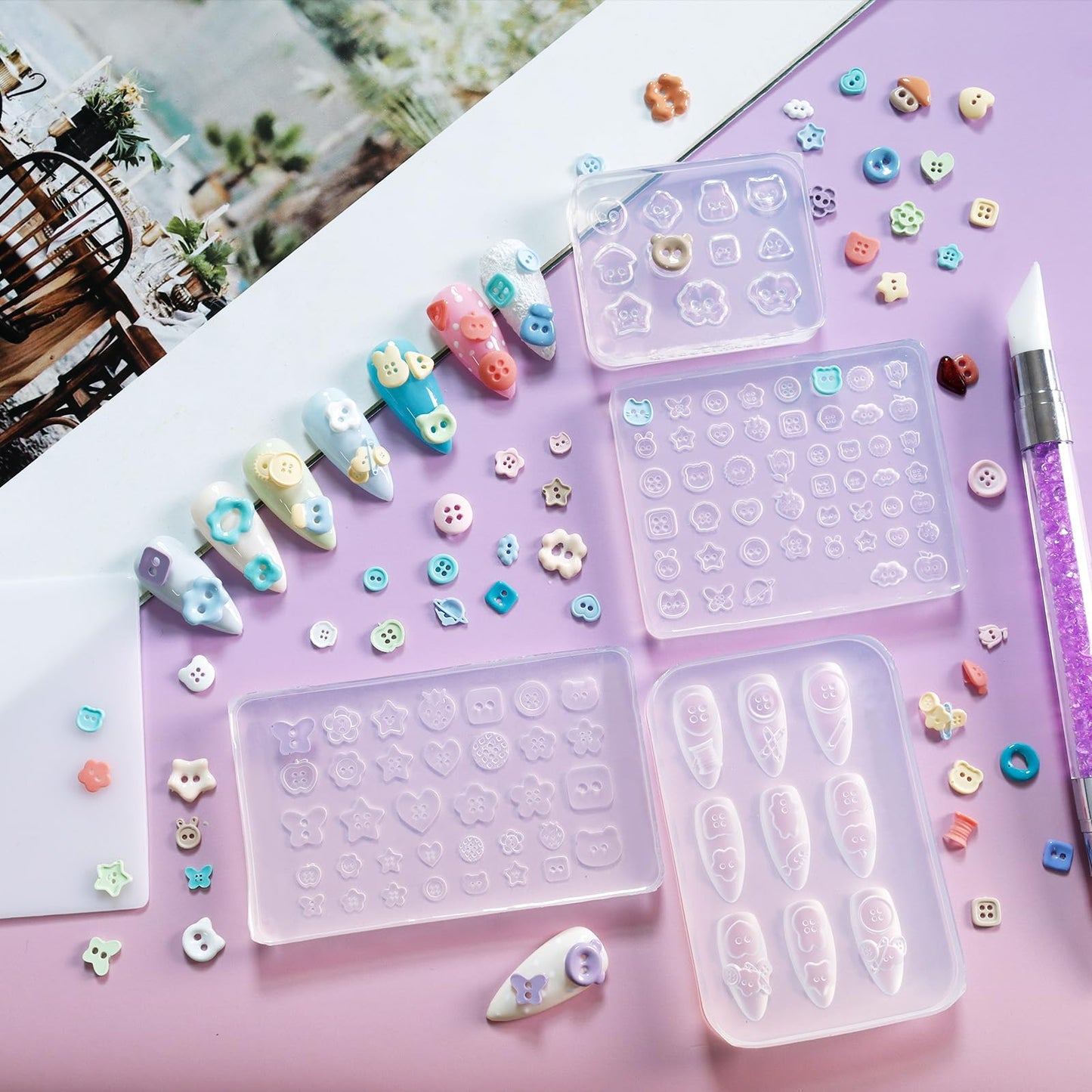 Laza 4pcs Button Silicone Nail Art Molds, 3D Multiple Shapes Embossed Button Nail Charms Nails Accessories with Carving Pen Resin Nail Art Mold Manicure Tools for Manicures Design