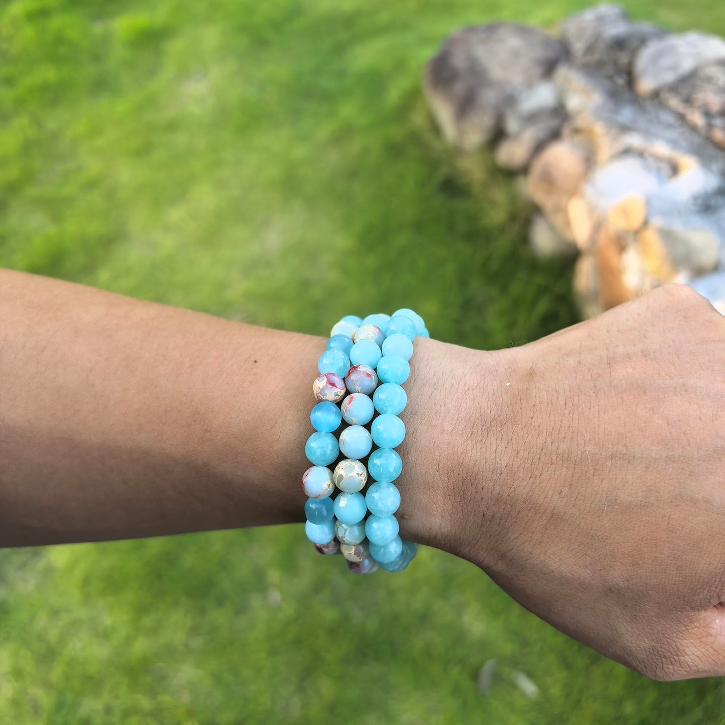 Crgwxzl Healing Crystal Bracelets for Women 8mm Natural Stone Beaded Stretch Bracelet Blue Aquamarine Blue cat eyes Imperial Jasper Spiritual Gemstone Lucky Jewelry Gifts