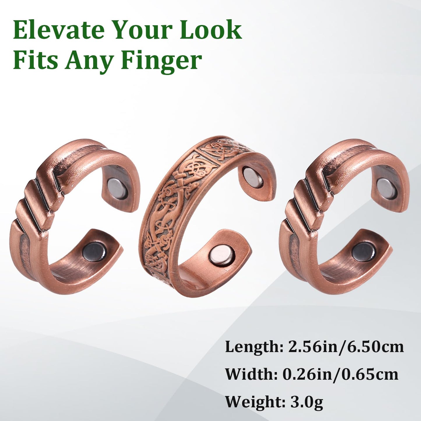 Fashtour 3 Copper Rings for Men, 99.9% Pure Copper Magnetic Rings, Vintage Pattern Adjustable Cuff Ring