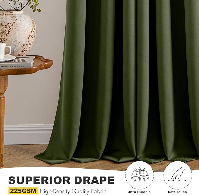MIULEE Olive Green Blackout Curtains for Bedroom Living Room 96 Inches Long 2 Panels, Thermal Insulated Room Darkening Drapes Solid Grommet Top Noise Reducing Dark Green Window Treatments 40x96 Inch