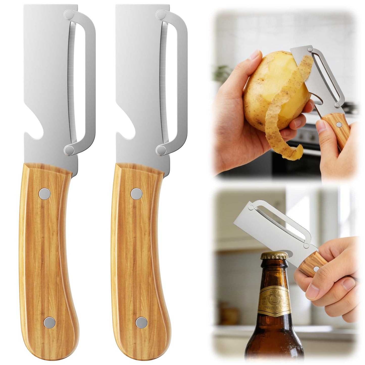Multi-Functional Vegetable Peeler for Kitchen, with Wooden Handle and Bottle Opener, 2-in-1 Stainless Steel Blade Kitchen Tool for Fruit Apple Potato Pumpkin Papaya(2pcs)