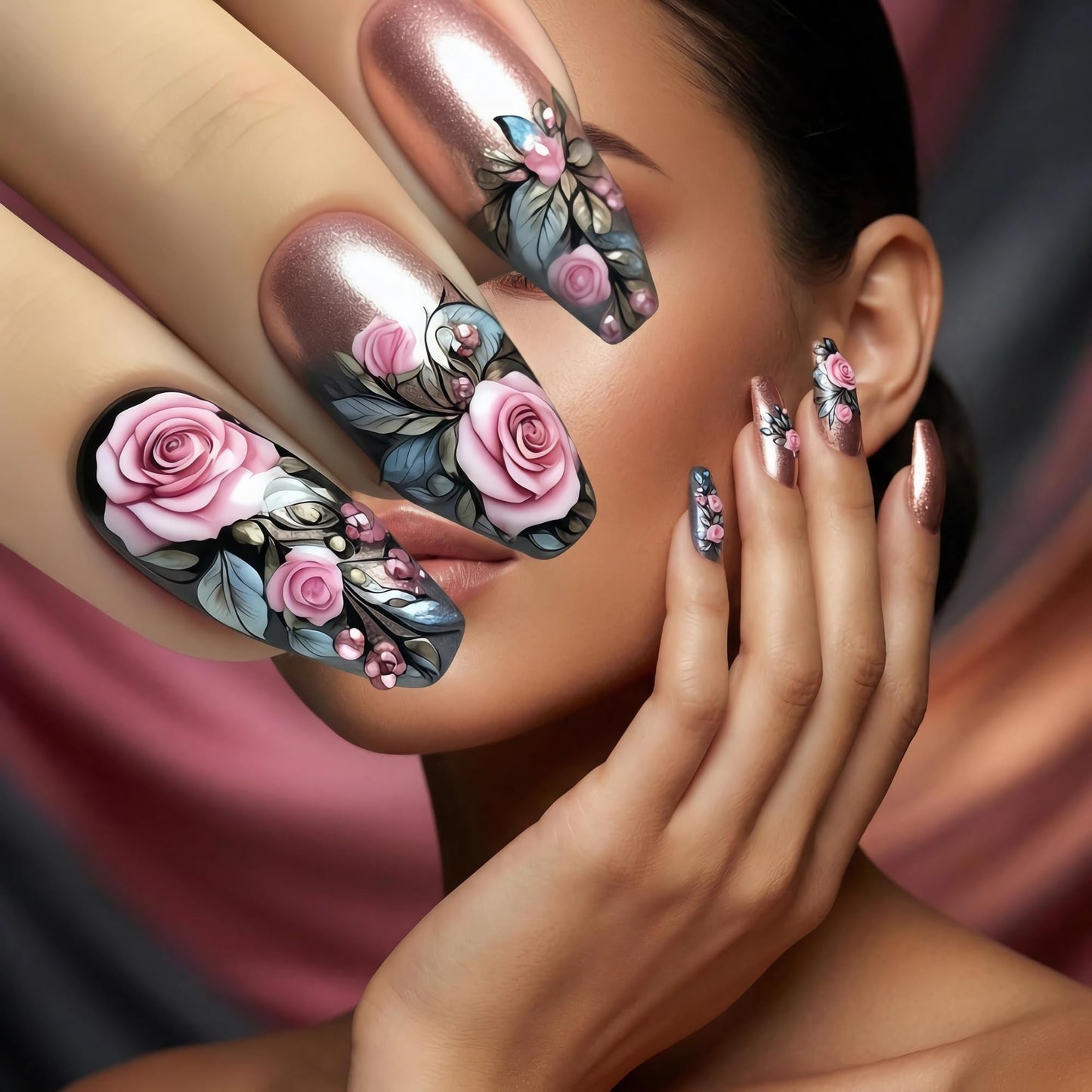 BABALAL Long Coffin Press On Nails, Romantic Rose Fake Nails with Pink Chrome Metallic & Floral Print, Black Acrylic Stick On Nails for Women 24Pcs