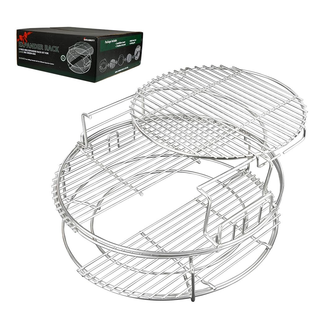 DOLAMOTY Expander Rack Kit with Drip Pan for Big Green Egg Large, Green Egg Accessories Replacement Parts, Eggspander Rack for BGE 5 Piece Kit Conveggtor Basket with Removable Cooking System