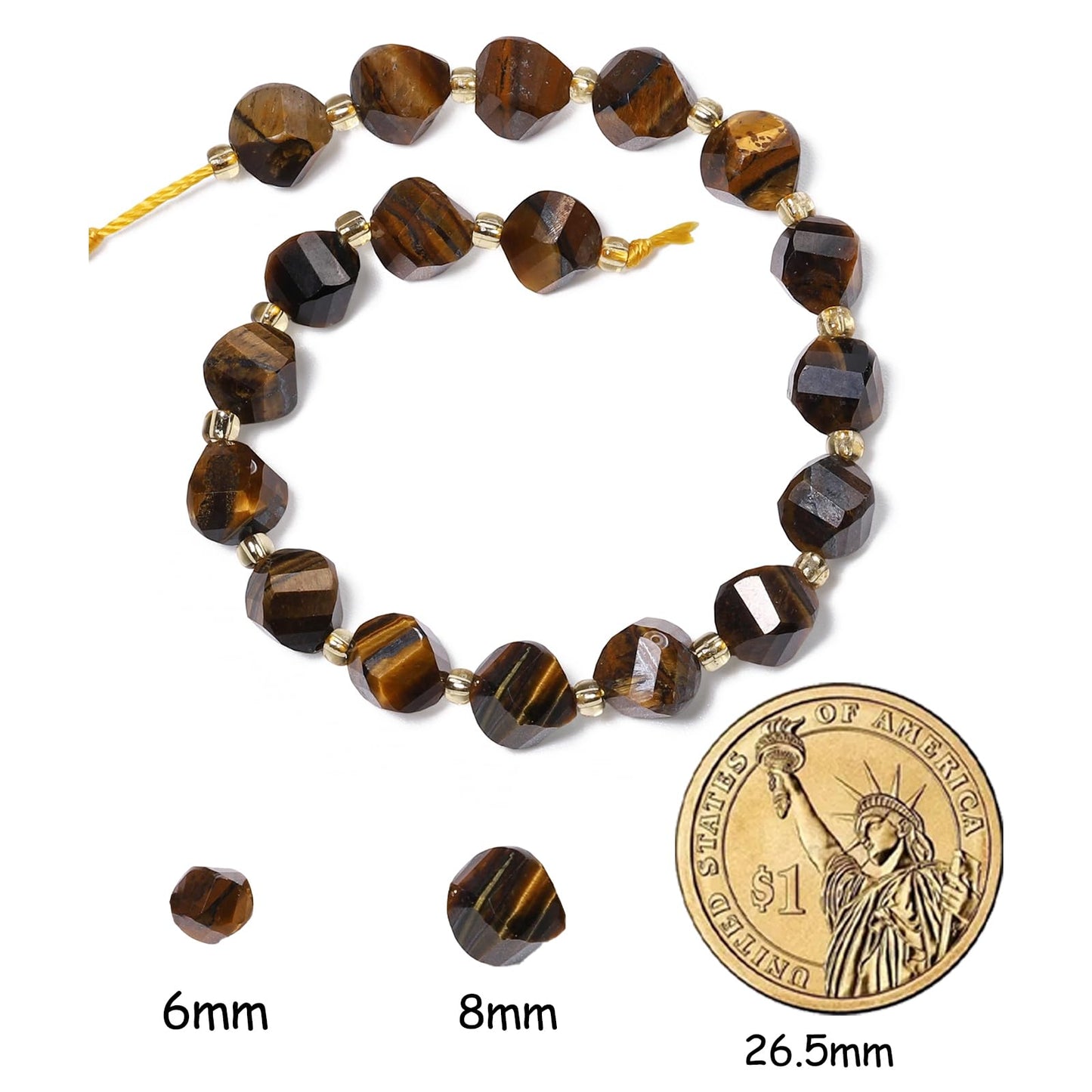 Yochus 42pcs Natural Tiger's Eyes Stone Beads for Bracelet，2strands 6mm Facted Twist Loose Gemstone Beads for Jewelry Making DIY Craft Necklace Earring