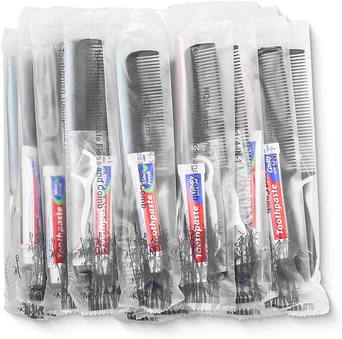 100pcs Disposable Toothbrushes with Toothpaste Floss Comb Individually Wrapped, 4-in-1 Bulk Toothbrush Kit with 2 Color Toothbrush,10g Toothpaste,7 inch Comb, Floss Pick