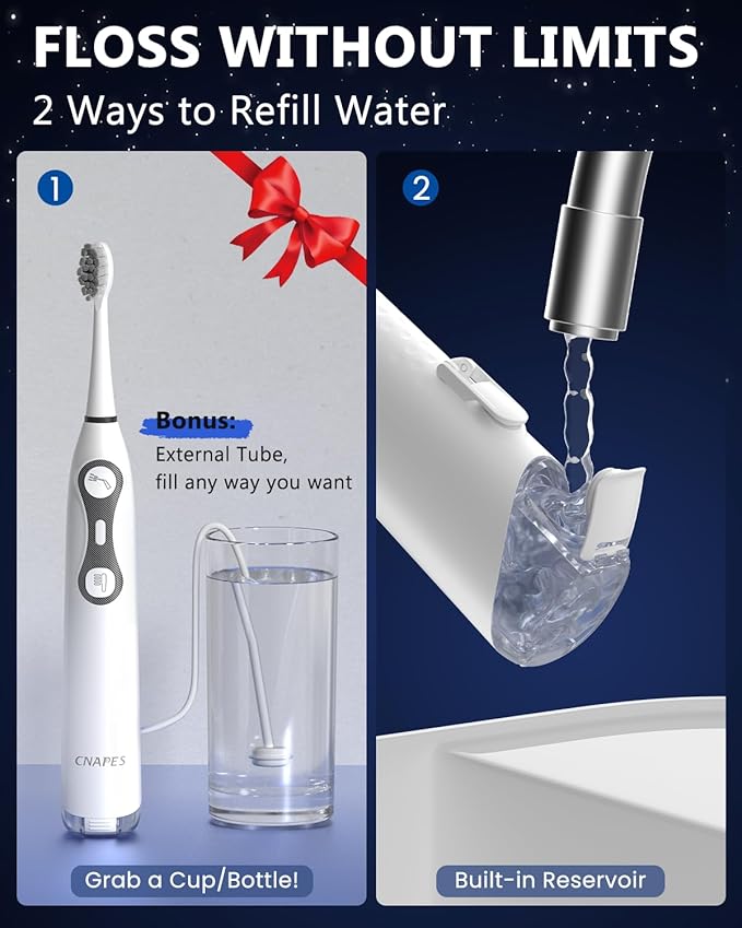 Electric Toothbrush with Water Flosser 3-in-1 Combo, Oscillating & Vibrating Dual Action Flossing Toothbrush, Clean Plaque& Teeth, Portable, 5 Brush Heads, Sonic Electric Toothbrush for Adults