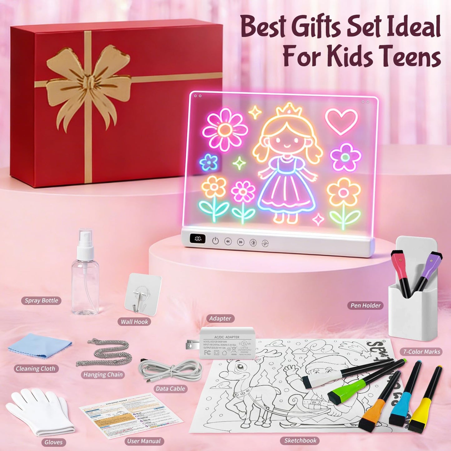 16" Rechargeable LED Drawing Board for Kids, Doodle LED Note Board with Colors, Neon Light Up Drawing Board with Markers&Tracing Paper, Creative Easter Birthday Christmas Gift Ideas