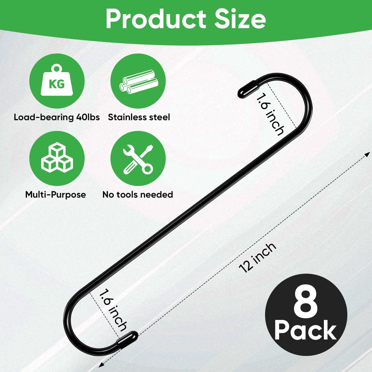 HiGift 8 Pack 12 Inch Long S Hooks for Hanging Plants, Large Plant Hooks for Hanging Baskets Heavy Duty, Black Extender Hooks for Kitchenware, Pergola, Closet, Flower Basket, Bird Feeder, Wind Chimes