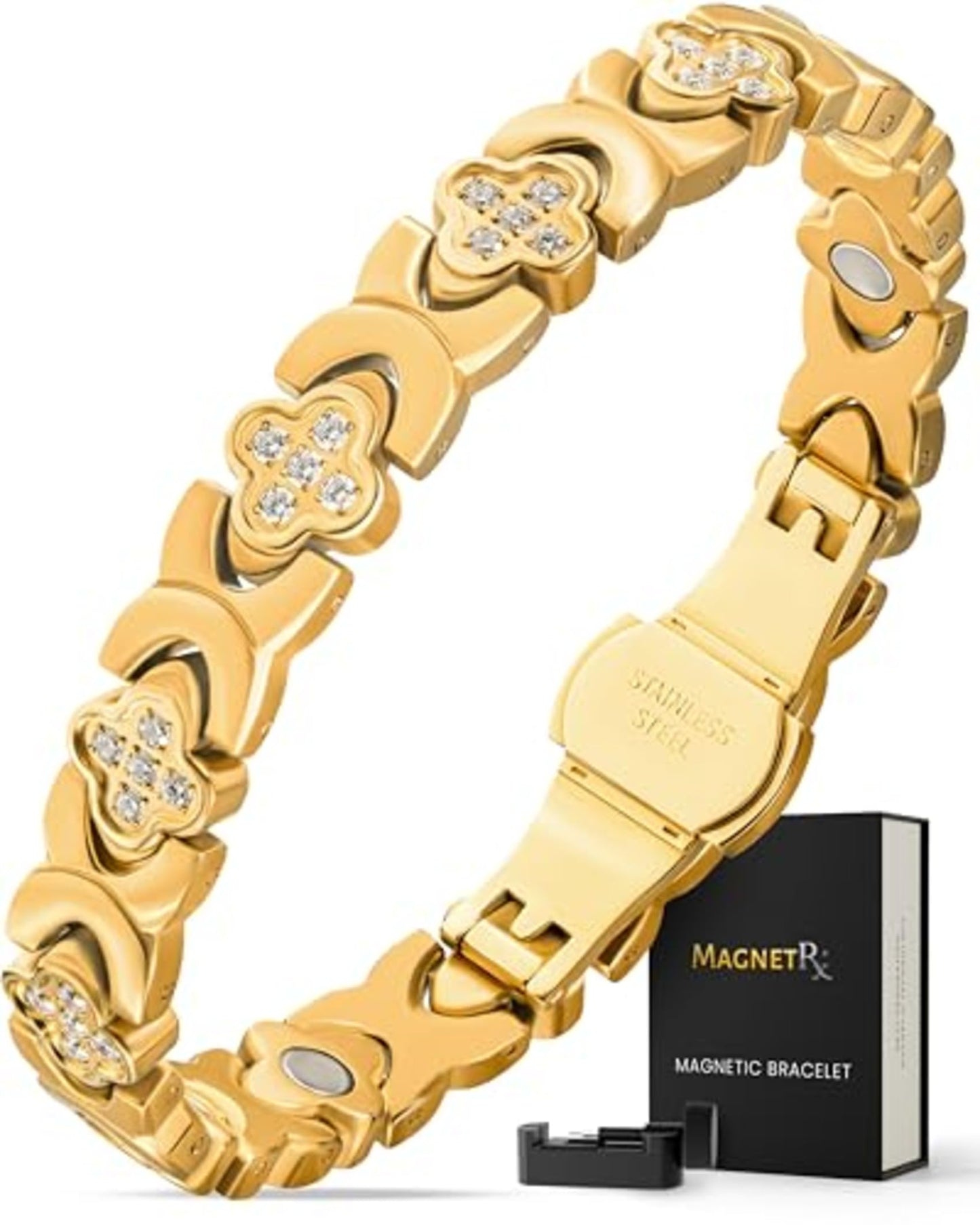 MagnetRX® Magnetic Bracelets for Women — Premium Four Leaf Clover Bracelet with Crystals and Ultra Strength Magnets — Adjustable Length with Included Sizing Tool (Gold)