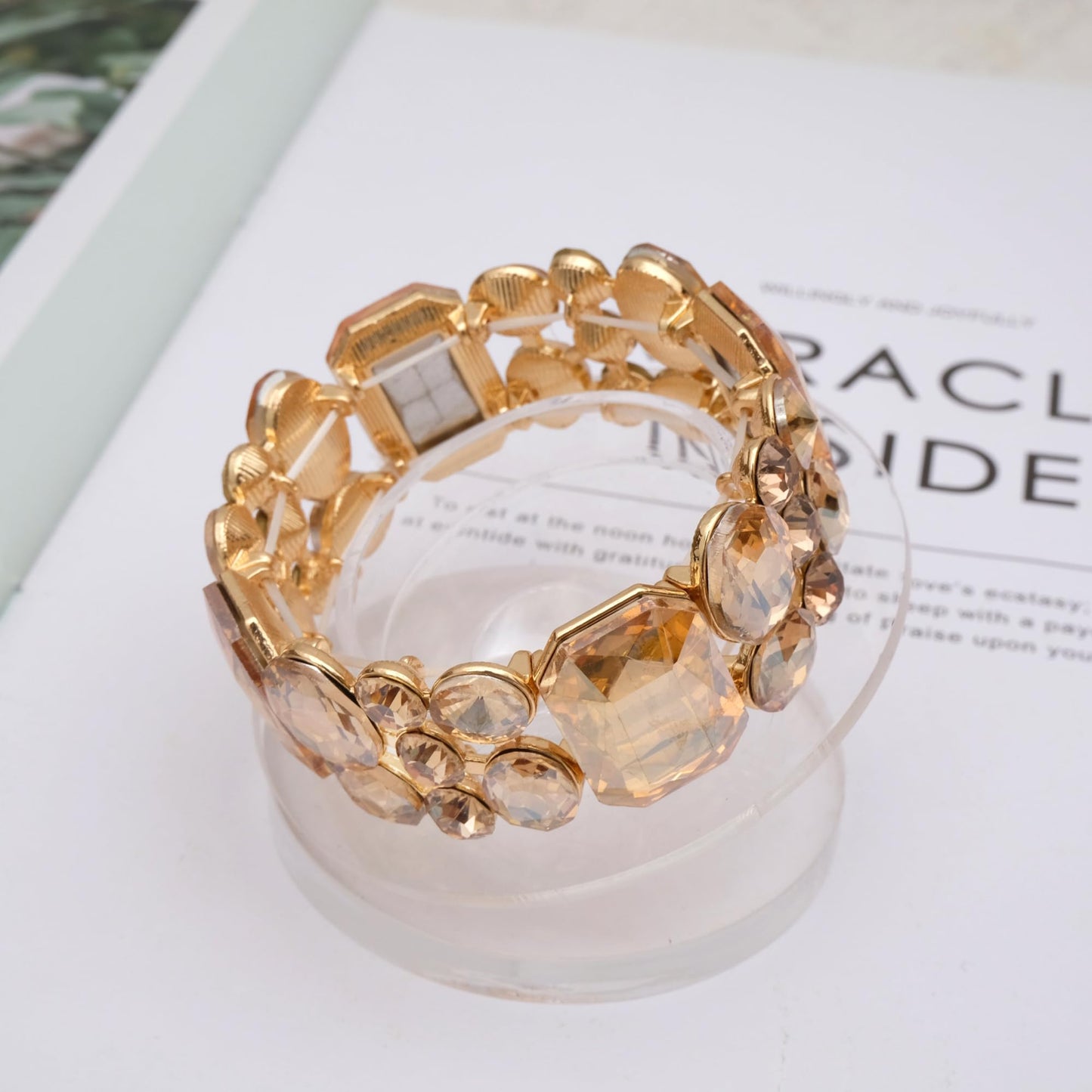 CSY Women's Statement Stretch Wide Bangle Bracelets Austrian Crystal Art Deco Elastic Bracelet for Party Prom (champagne gold)