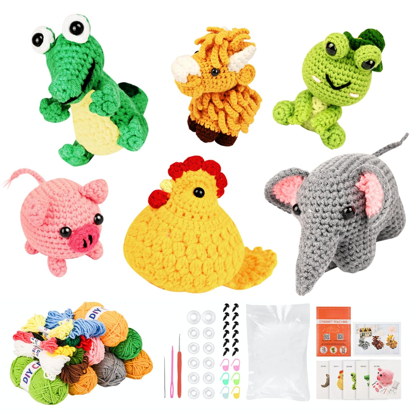 7SHAAARKS Crochet Kit for Beginners | Set of 6 Animal Crochet Kits with Yarn & Video Tutorials, Includes Frog, Crocodile, Rooster, Elephant, Yak & Piglet, Easy DIY Gift for Teens & Kids, Christmas
