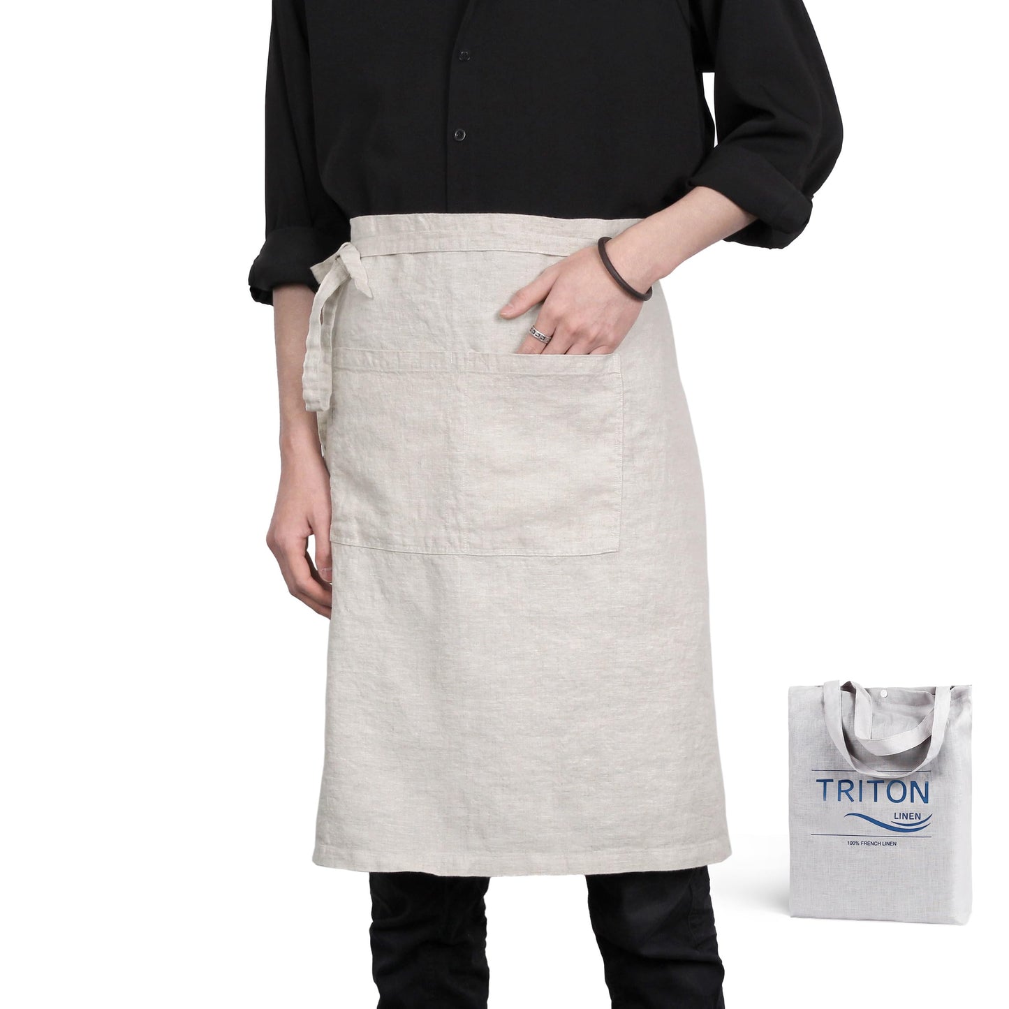 TRITON LINEN Pure Linen Apron - 25 x 35 Inch Bistro Half Apron with Large Pocket Unisex Waist Aprons Ideal for Kitchen Crafts and More (Natural Linen)