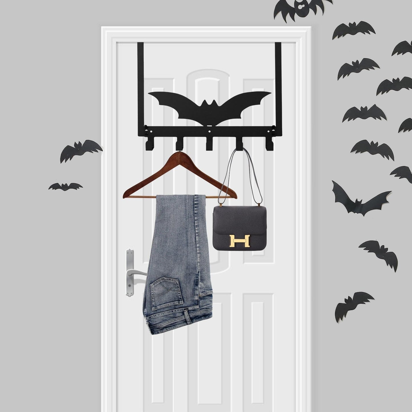 NomadSphere Bat Over The Door Hooks, Halloween Gothic Bathroom & Bedroom Decor Over Door Hanger, Wall Mount Rack for Towel, Hat, Coat, Cloth, Keychain, No Drill, 5 Hooks