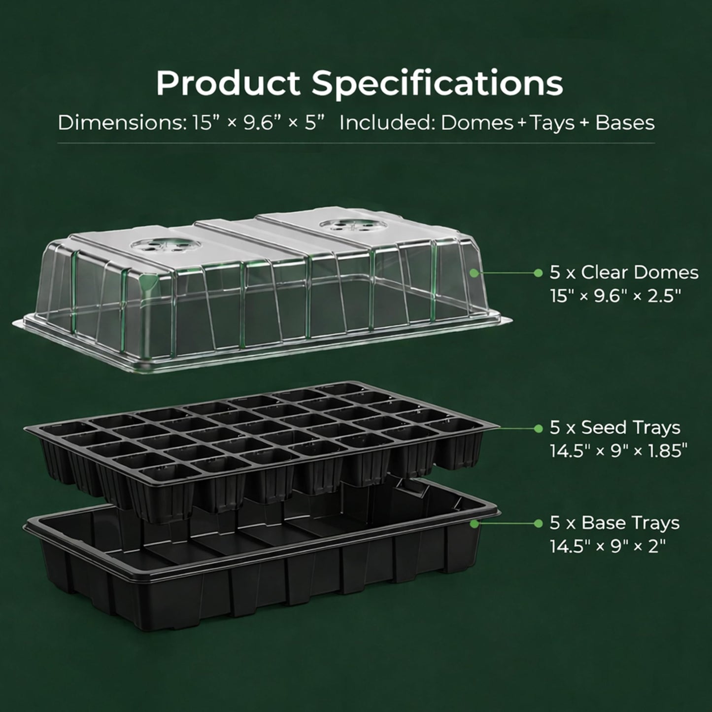 Gardzen 5-Set Seed Starter Tray Kits, Durable Plant Germination Trays with Humidity Vented Domes and Bases, Ideal for Seed Starting, Indoor Gardening, and Greenhouse (Total 200 Cells)