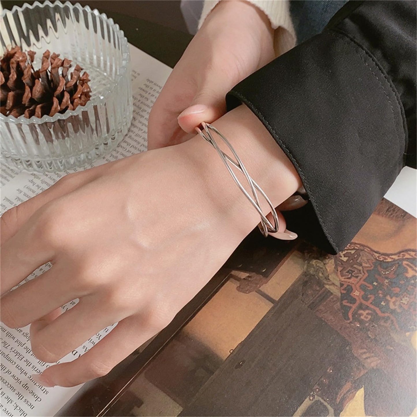 Handmade 925 Sterling Silver Bangle Bracelets For Women Hollow Layered Cuff Bangles Geometric Line Bangle Bracelets Open Adjustable Bangles For Women Minimalist Statement Bangle Christmas Gifts
