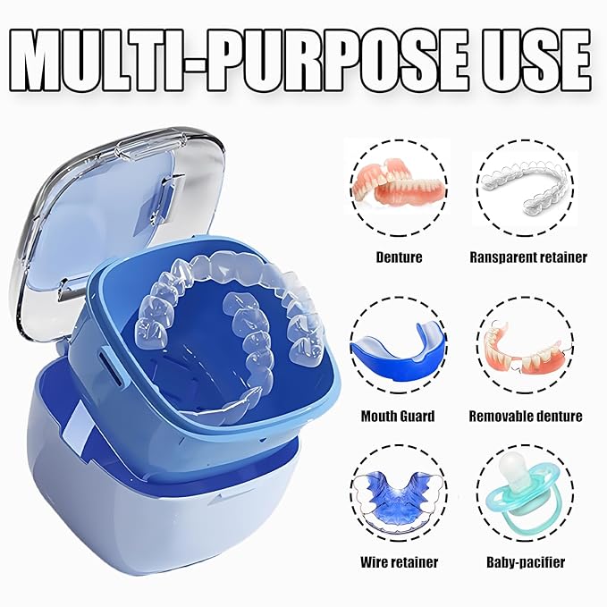 Denture Case, Retainer Cleaning Box, Large Capacity Denture Container Cup for Any Full and Partial Denture, Clear Dentures, Retainers, Night Guards (with Brush and Mirror)