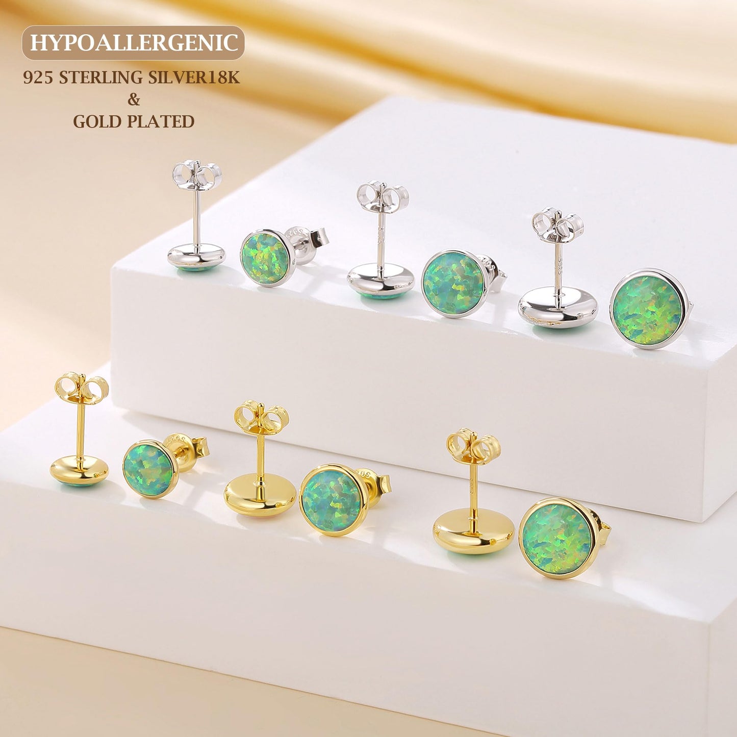 JiayangJY Silver Green Fire Opal Stud Earrings for Women Sterling Silver Round Shape 8mm Opal Earrings with Push Back