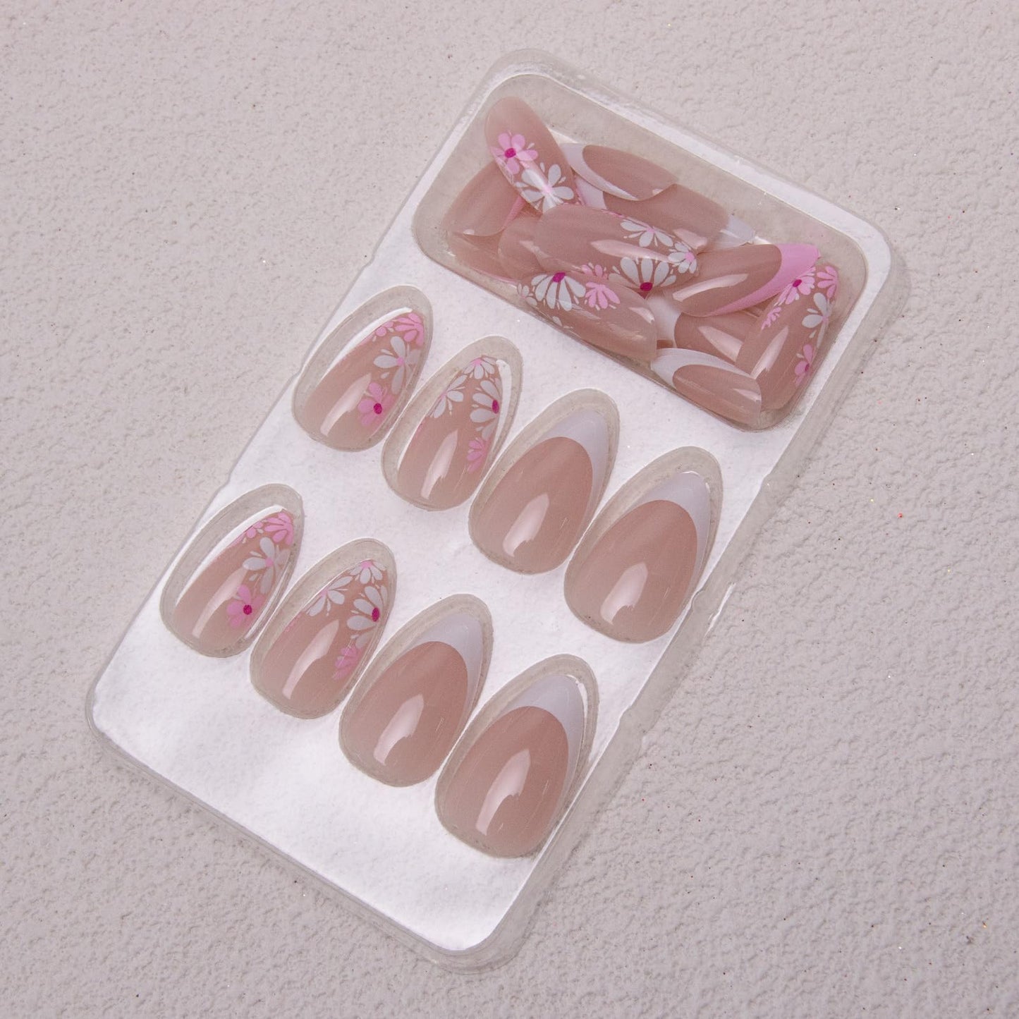 French Tip Press on Nails Medium Almond Fake Nails Spring Flowers Acrylic Nails Pink Floral False Nails Glossy Artificial Glue on Nail for Women Manicure Nail Decoration 24Pcs