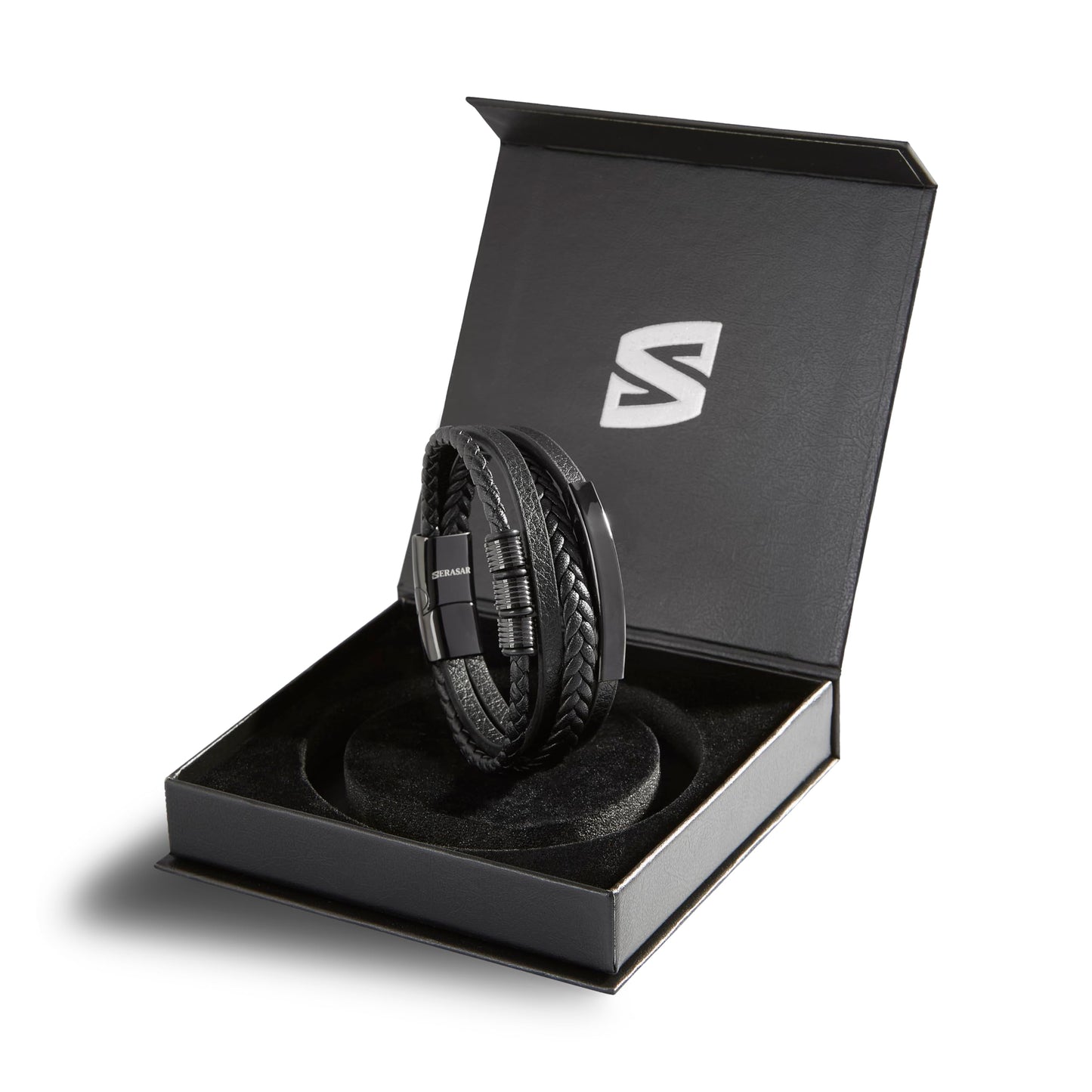SERASAR Mens Original Leather Bracelet 20cm Black Men Gift Box Genuine Braided Adjust Able Magnetic Clasp Multi Layer Wrap Rope Man Mans Bracelets Jewelry Magnet Accessories