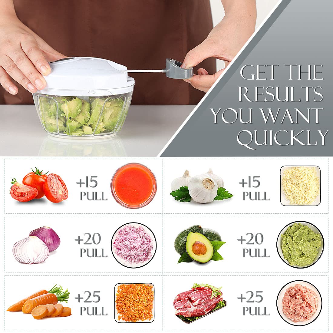 Ourokhome Manual Food Processor Vegetable Chopper, Portable Hand Pull String Garlic Mincer Onion Cutter for Veggies, Ginger, Fruits, Nuts, Herbs, etc., 500ml, White