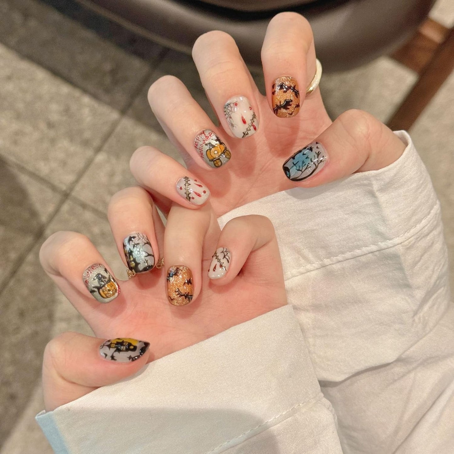 Halloween Press on Nails Short Square Handmade Press on Nails Bat Pumpkin Spider Web Designs Glitter False Nails Full Cover Artificial Cute Acrylic Nail for Women (Size M)