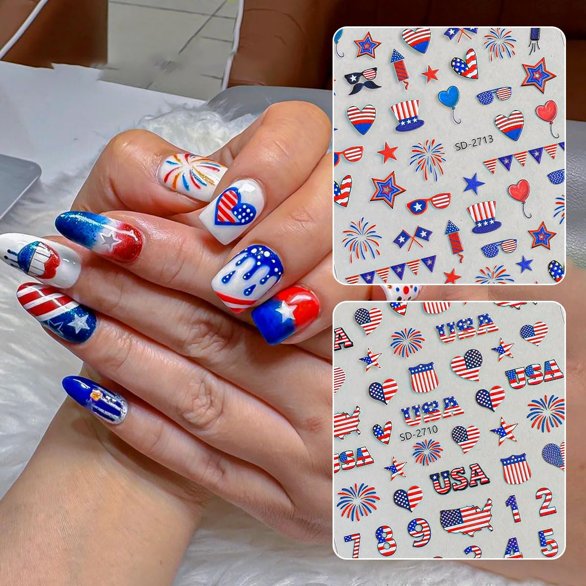 4th of July Nail Stickers 6 Sheets - 3D Embossed Red White & Blue Self-Adhesive Decals with American Flag, Stars & Fireworks, Independence Day DIY Manicure for Women