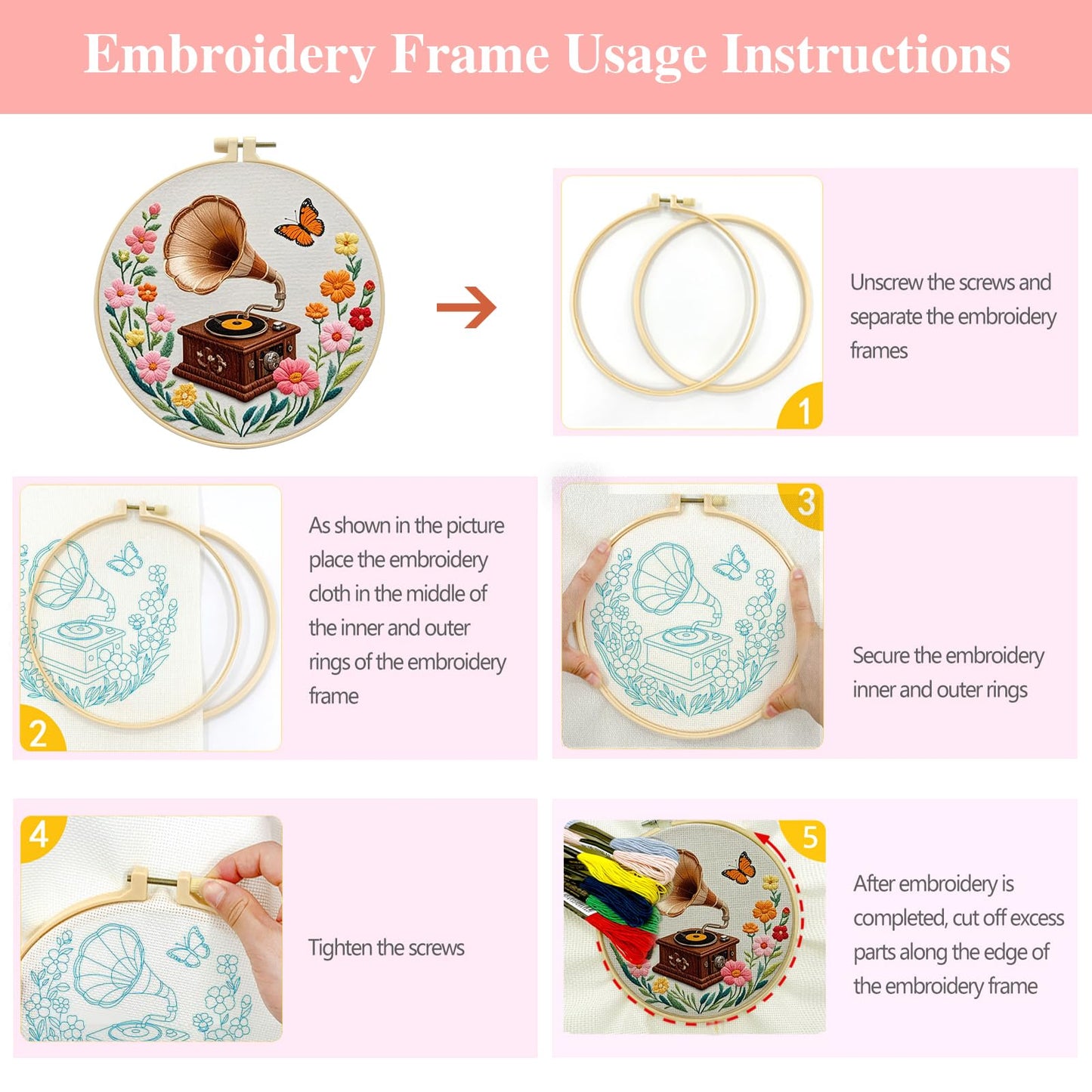 Zhenqing 4-Piece Embroidery Kit for Beginners - Complete Set with Pre-Printed 29x29cm Cotton Fabric, Hoop, Threads & Tools (Books, Hot Air Balloon, Wildflowers, Gramophone Designs)(C0159)