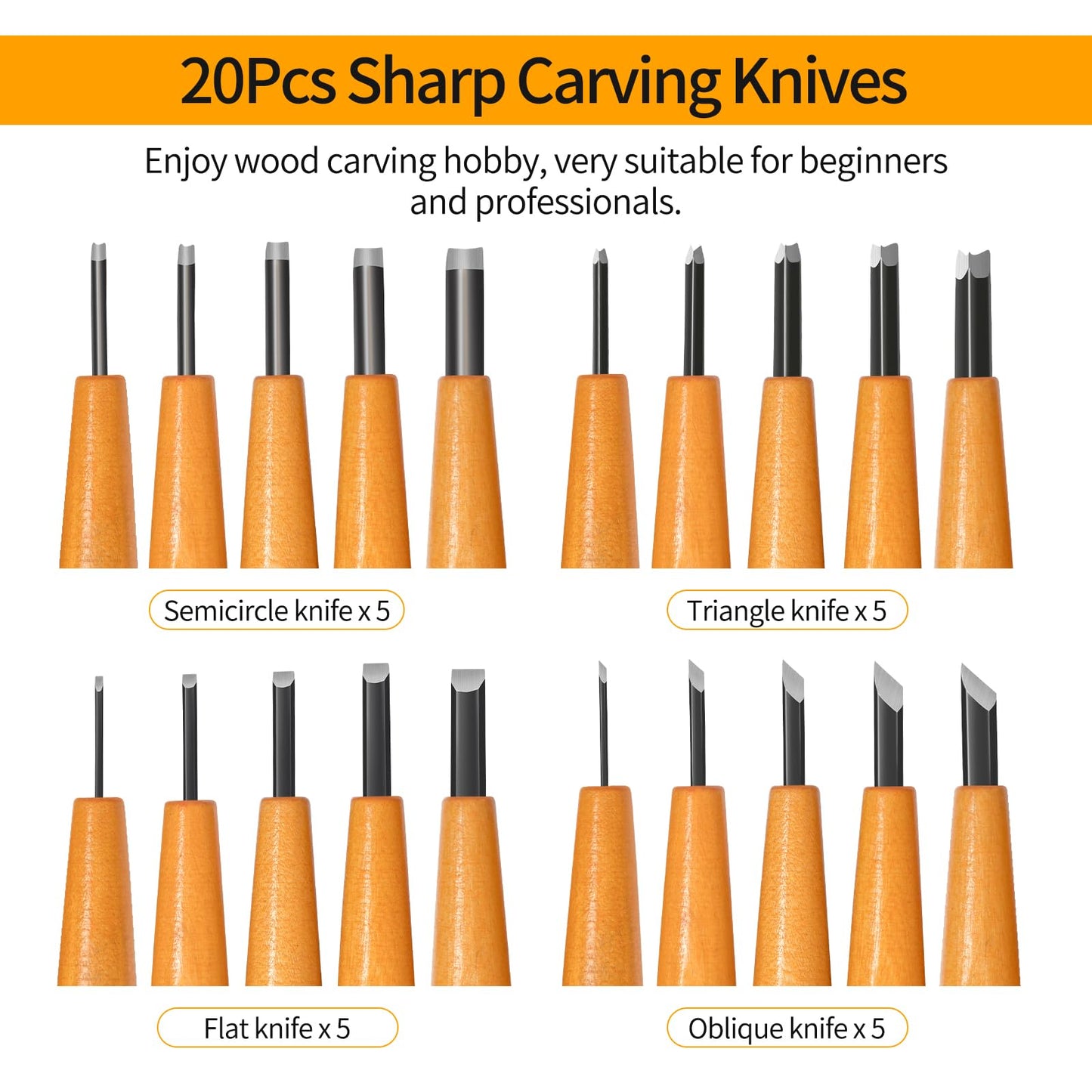 Wood Carving Tools Set - 20 Pcs Wood Carving Knife Set Beginner Whittling Kit with Canvas Case for Adults Children, Carving DIY Wood Carving Kit - Perfect for Beginners and Experts