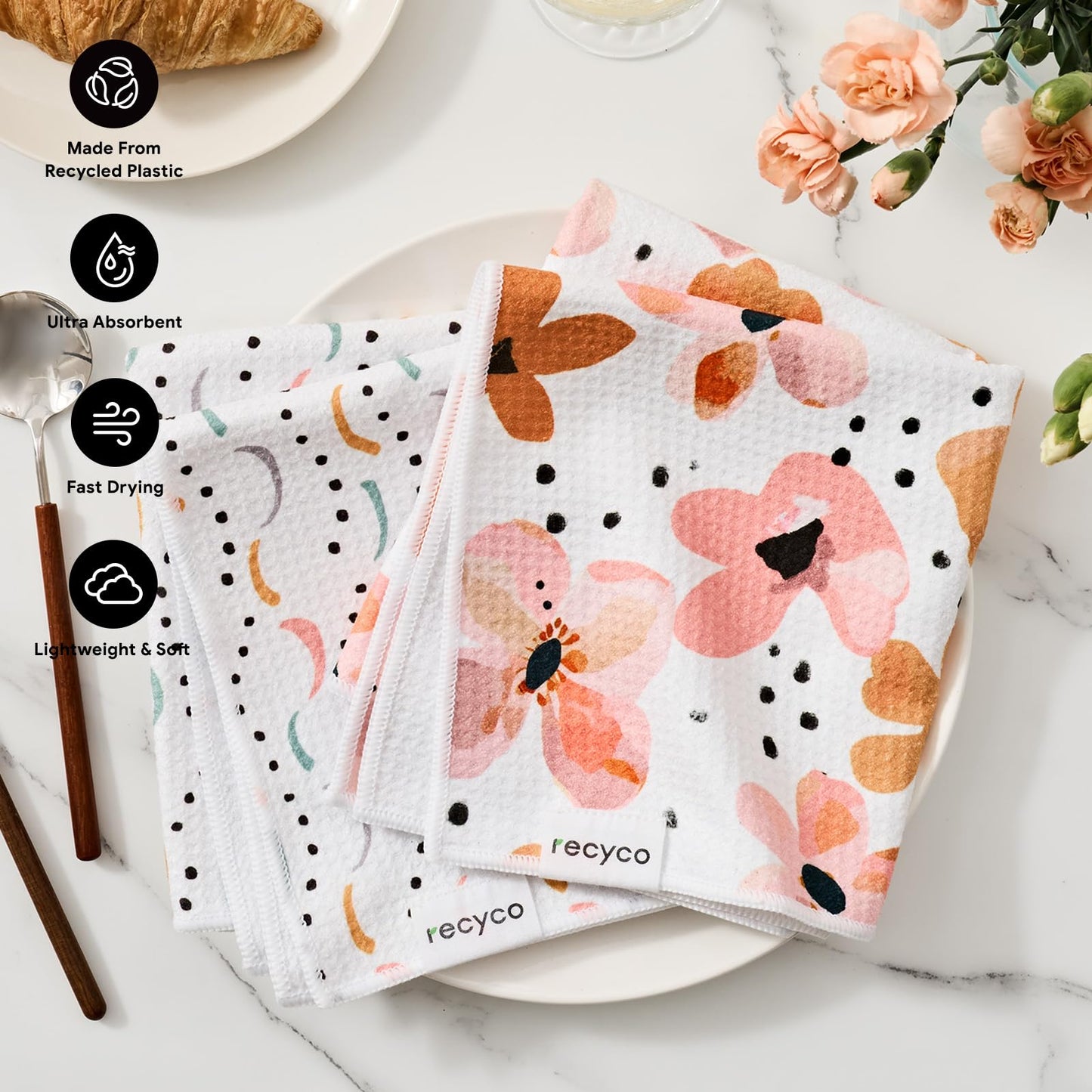 RECYCO Waffle Kitchen Towel Set of 2 - Quick Dry Microfiber Sustainable Dish Towels - Ultra Absorbent Reusable Cleaning Tea Towels - Lightweight Hand Towels,16”x 28”, Blossom Breeze