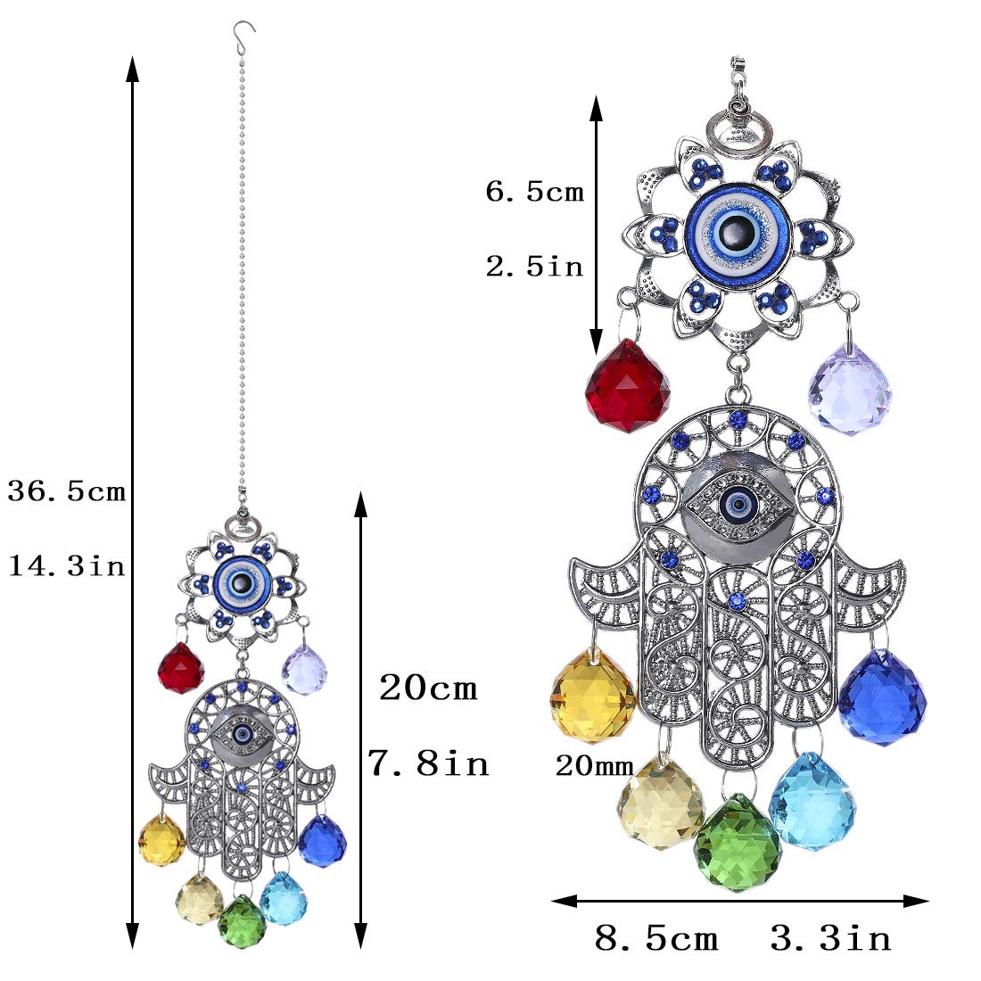 Hamsa Hand with Blue Evil Eye Protection Hanging Crystal Ornament with Chakra Energy Crystal Balls
