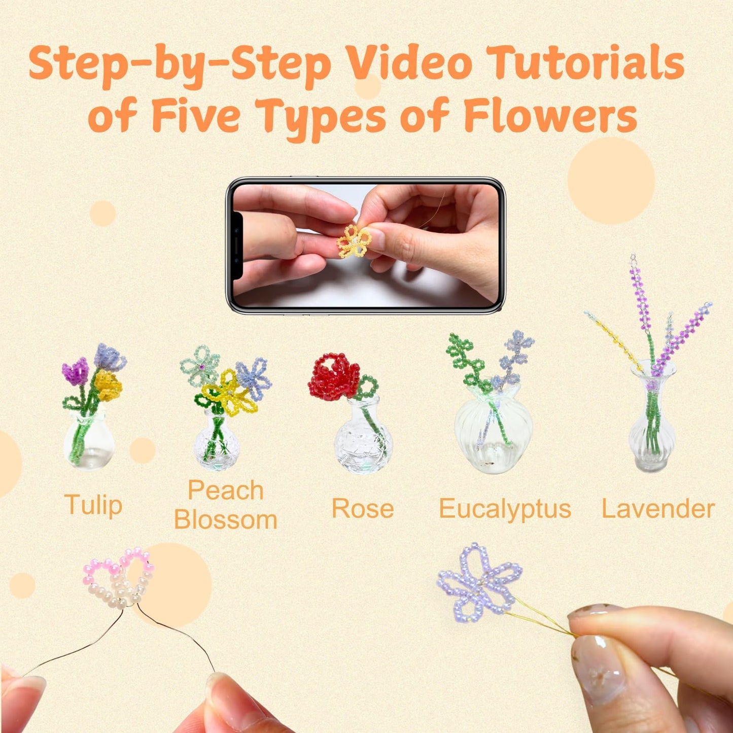 Beaded Plant Kit for Beginners: DIY Home Decor with Mini Vase Stand & Video Tutorial - Stress-Relieving Craft for Adult, Desk Decoration, Birthday Gift for Women